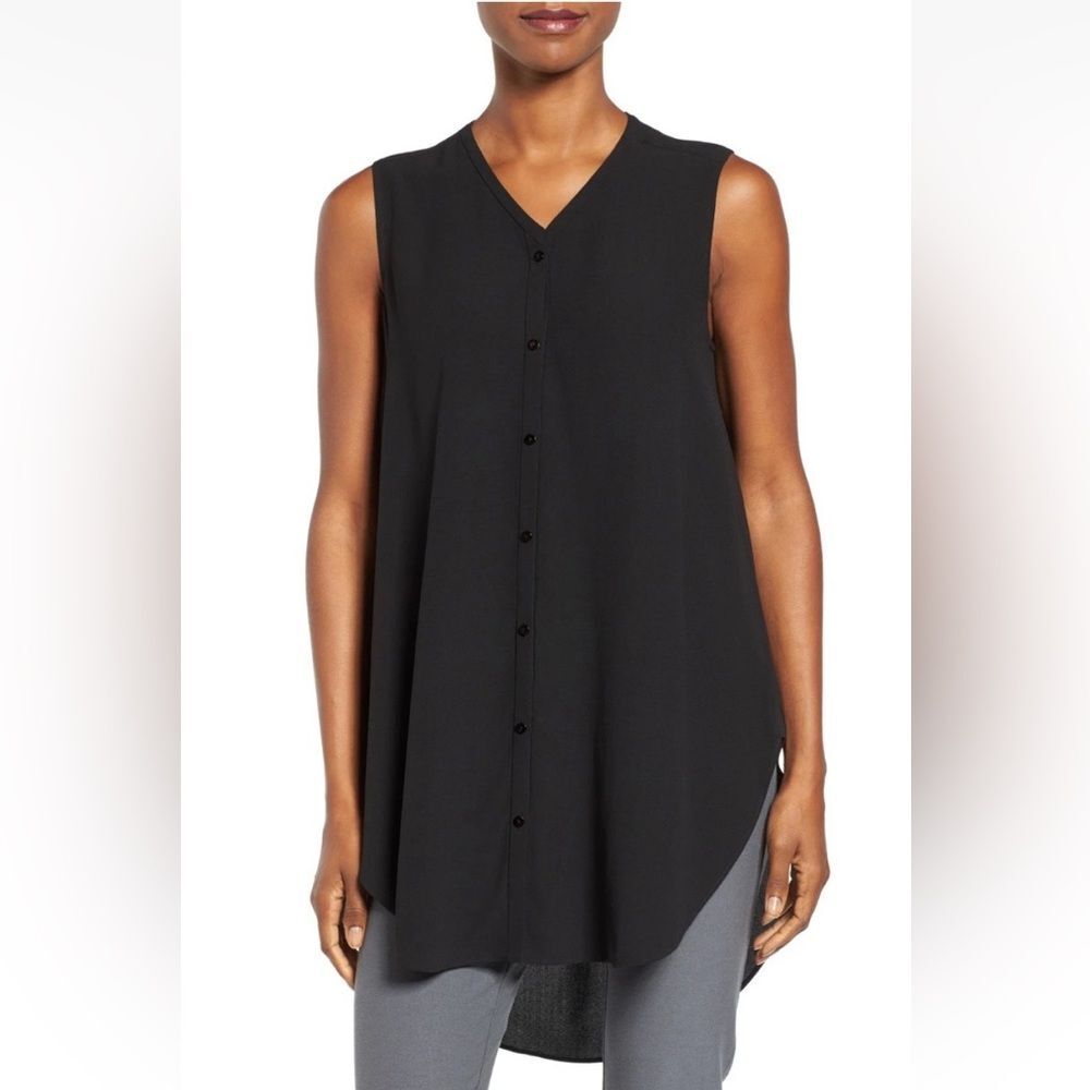 Eileen Fisher Silk Georgette Crepe V-Neck Tunic Top M Black Sleeveless Coastal